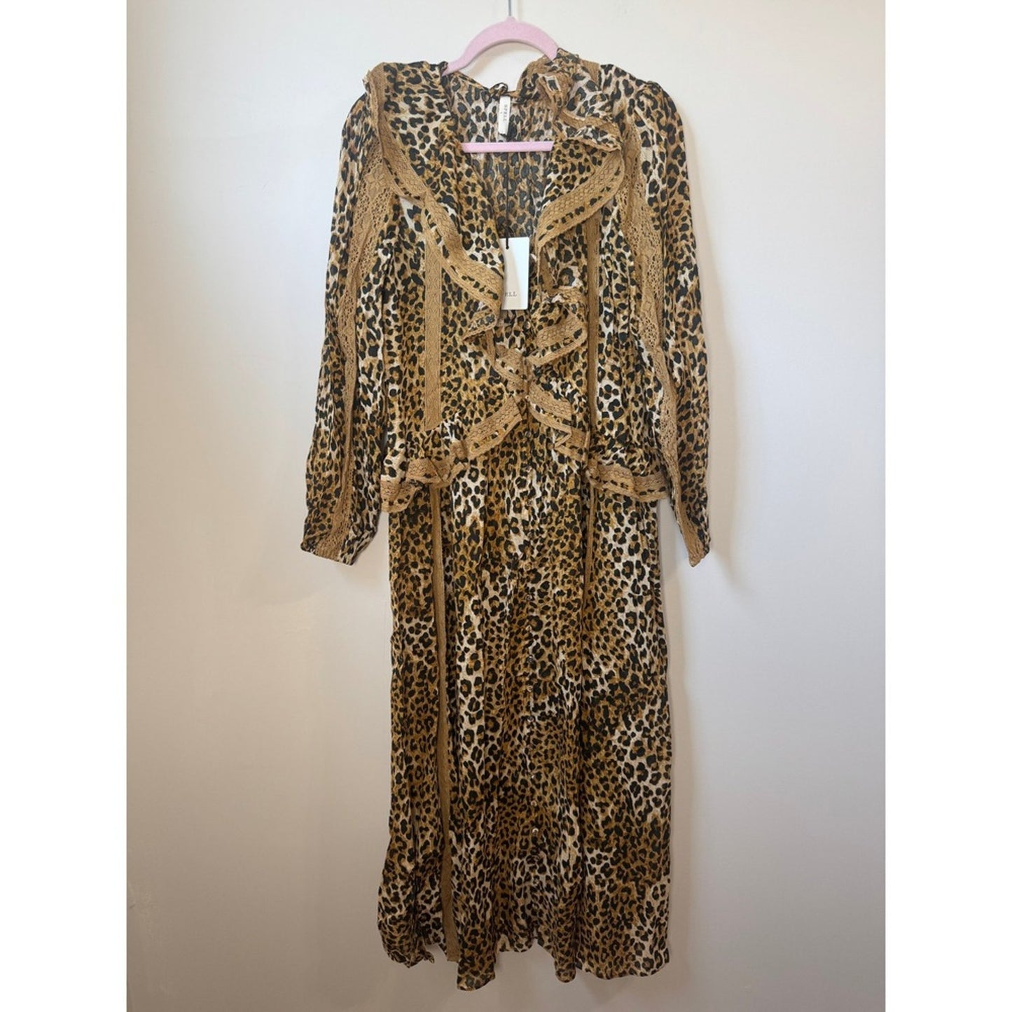 Spell Samantha Lace Gown Vintage Leopard Maxi Dress Ruffle Boho Animal Print L