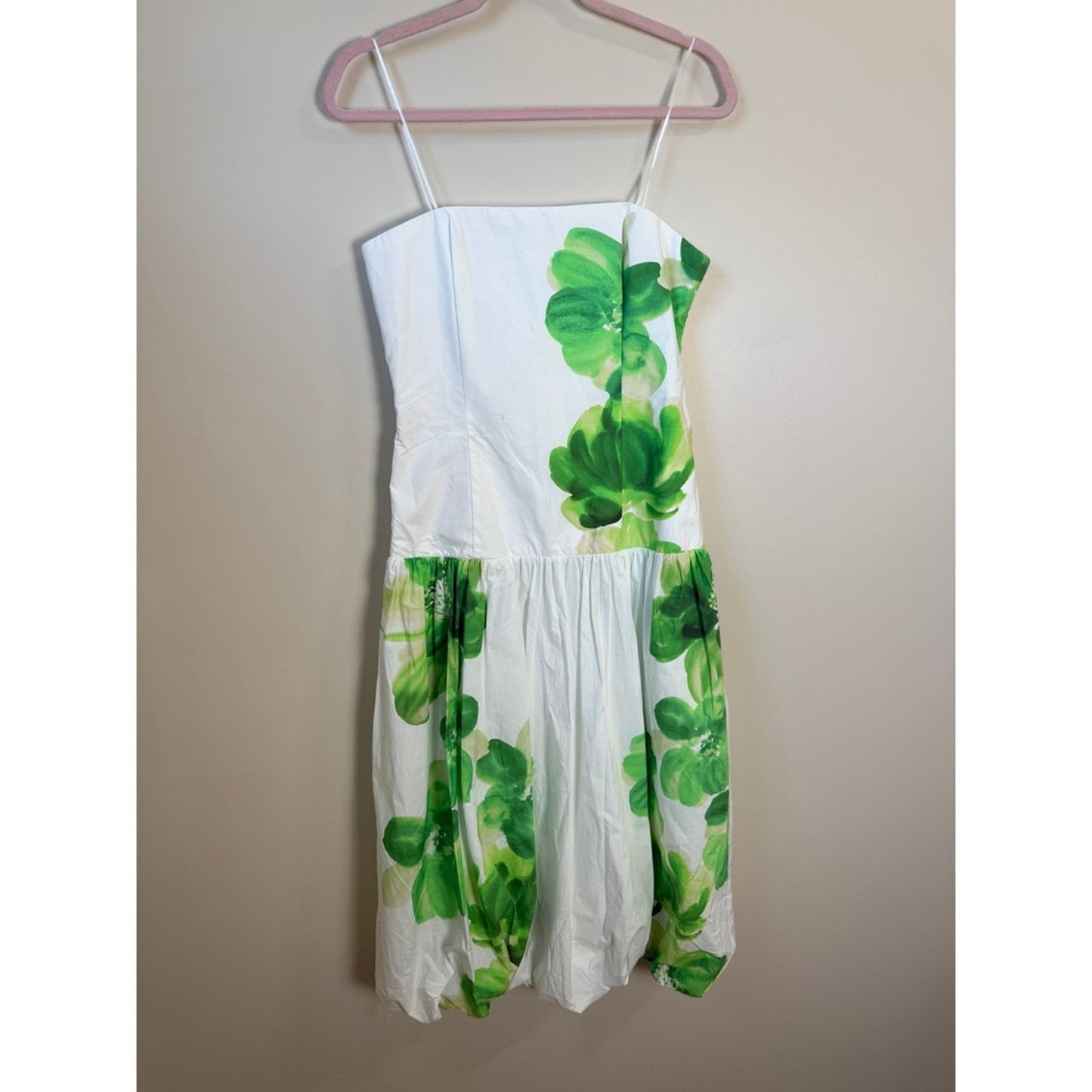 Amanda Uprichard Floral Print Bubble Hem Midi Dress Strapless Green White M