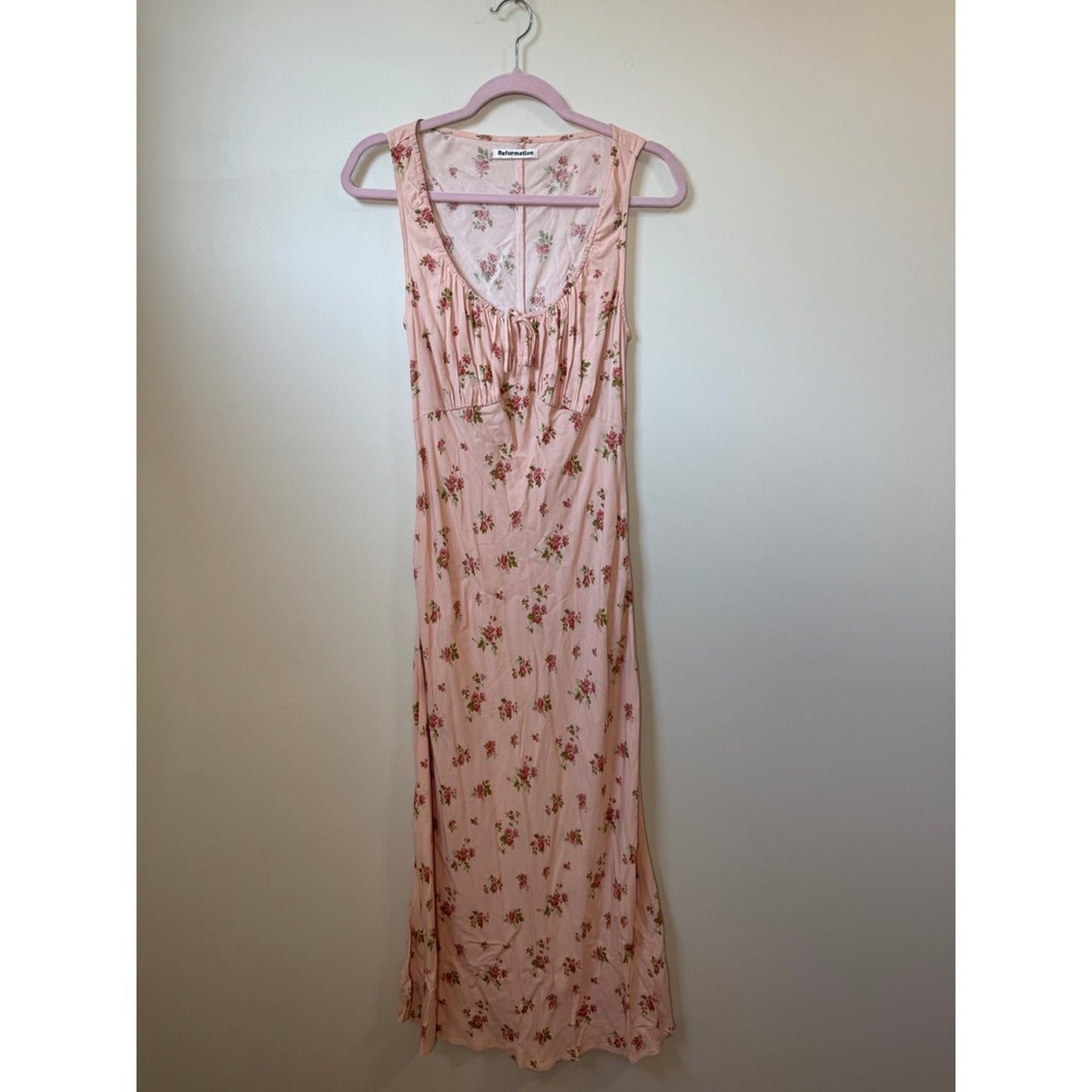 Reformation Pink Floral Midi Dress Milkmaid Gathered Bust Sleeveless Slit Pink