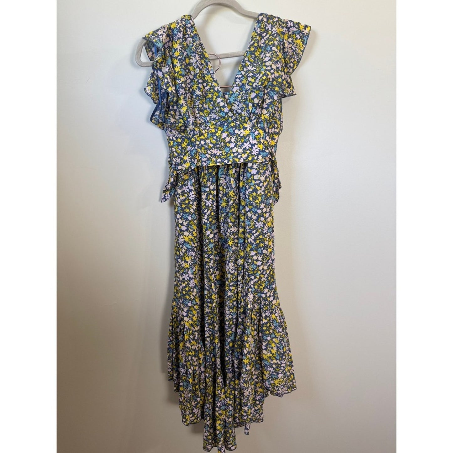 Free People Floral Two Piece Set Crop Top High Low Maxi Skirt XS Navy Yellow