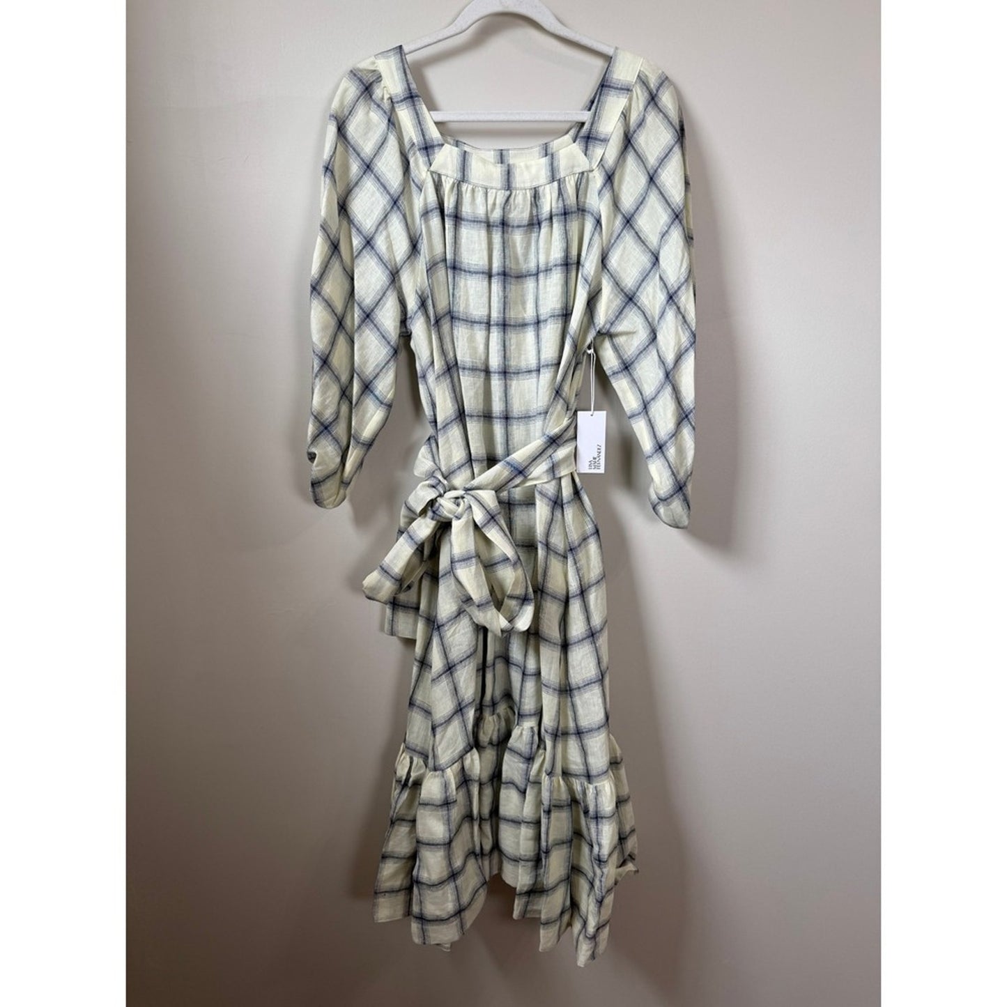 Lisa Marie Fernandez Cream Navy Check Linen Blend Balloon Sleeve Midi Dress NEW