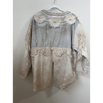 Jaded Gypsy Boho Crochet Lace Fringe Jacket Linen Blend Neutral Mixed Media S/M
