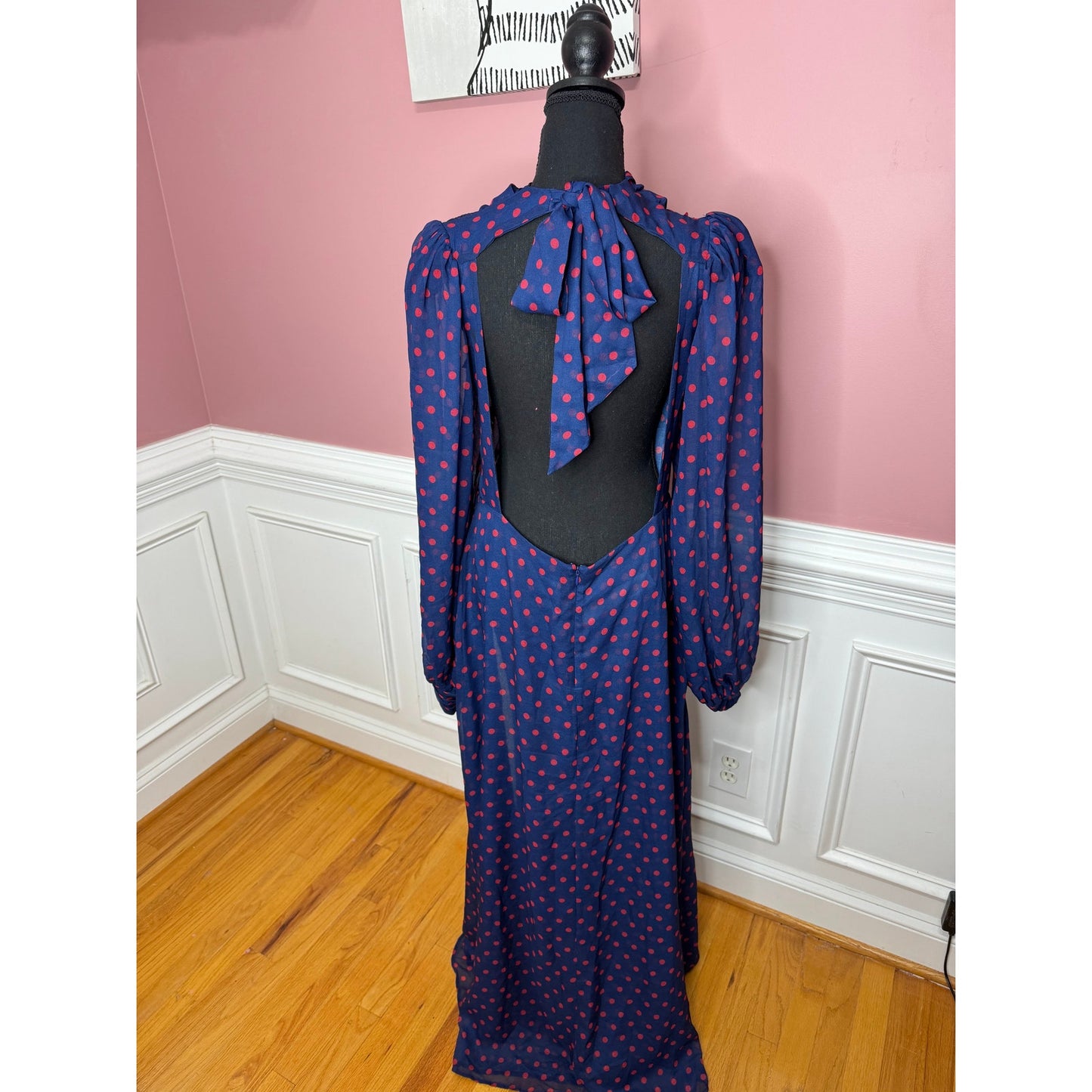 For Love & Lemons Mavis Maxi Dress Purple Polka Dots Large Long Sleeve Backless