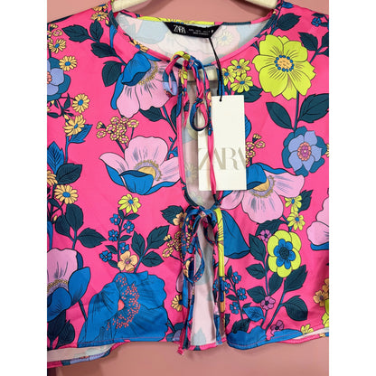 Zara Tie-Front Floral Print Satin Effect Top Size Large