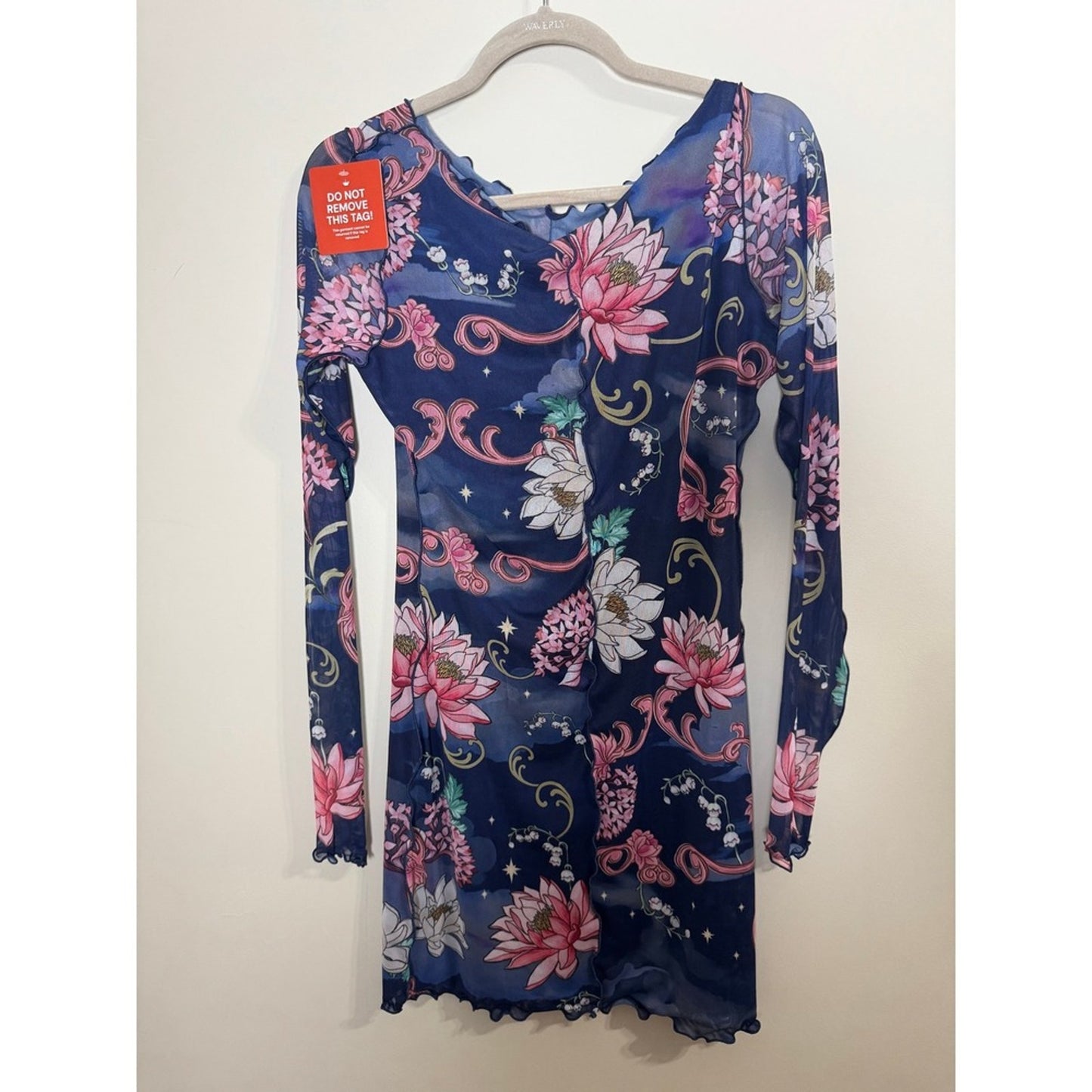 Agua Bendita Hadley Fairytales Mesh Mini Dress Navy Floral Long Sleeve L