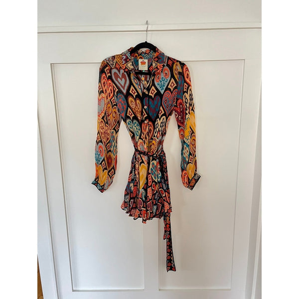 FARM Rio Heart Print Long Sleeve Belted Mini Dress XS