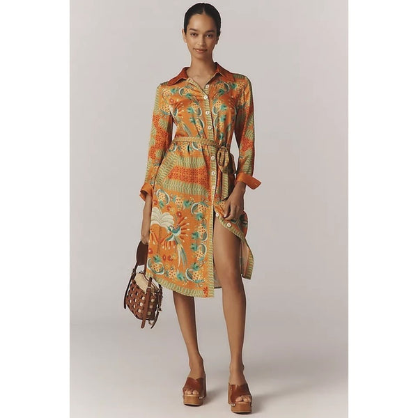 Farm Rio Multicolor Tropical Bird Print Button Front Shirt Dress Midi Belted