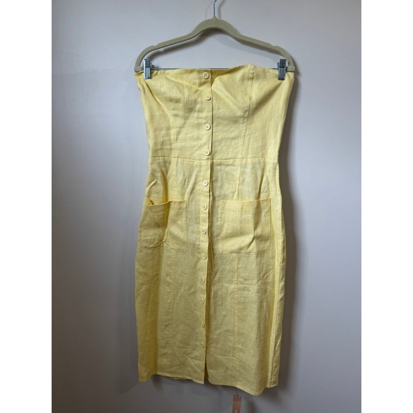 Reformation Prescott Linen Blend Strapless Midi Dress Pale Yellow Button Back