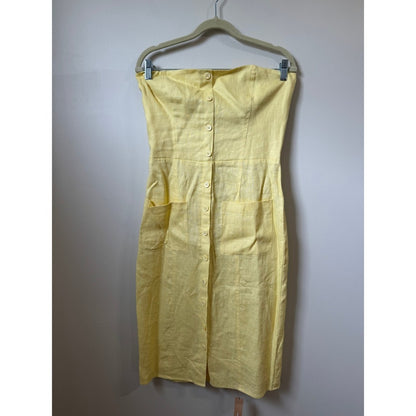 Reformation Prescott Linen Blend Strapless Midi Dress Pale Yellow Button Back