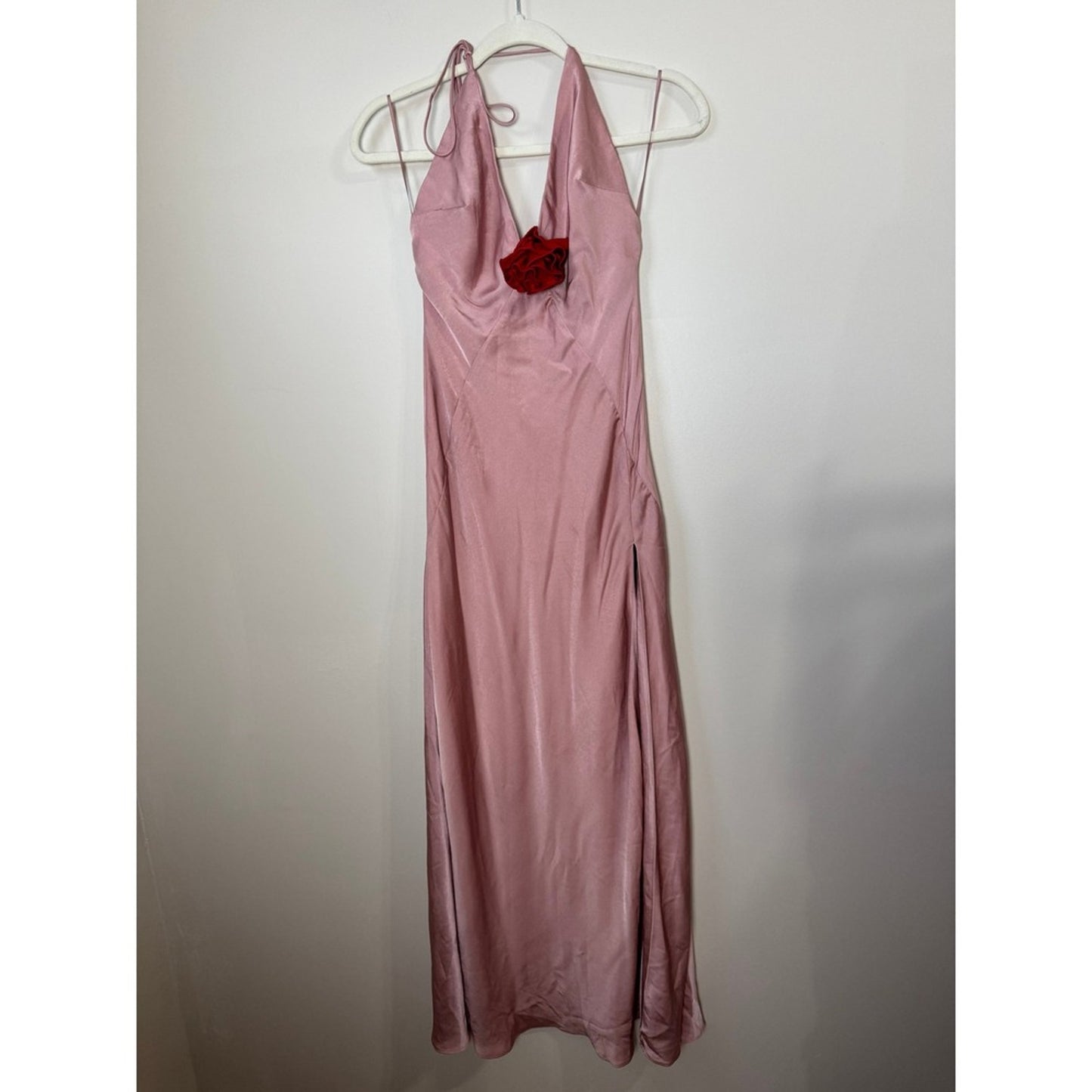 Bardot Aradia Pink Silk Halter Neck Maxi Dress Red Rose Accent