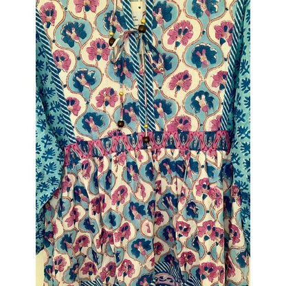 Oliphant Tie Front Balloon Mini Dress Iris Blue Medium Floral Print Long Sleeve‎