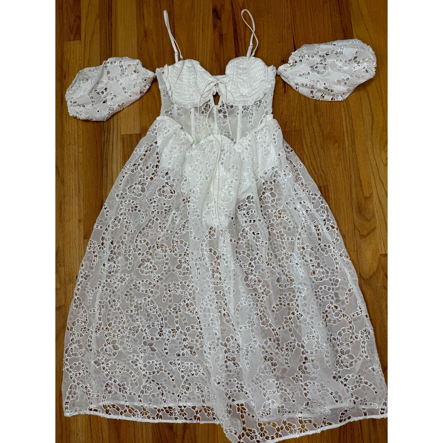 For Love & Lemons Romi Midi Dress in White Small Floral Eyelet Puff Sleeve