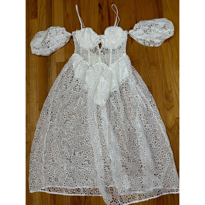 For Love & Lemons Romi Midi Dress in White Small Floral Eyelet Puff Sleeve