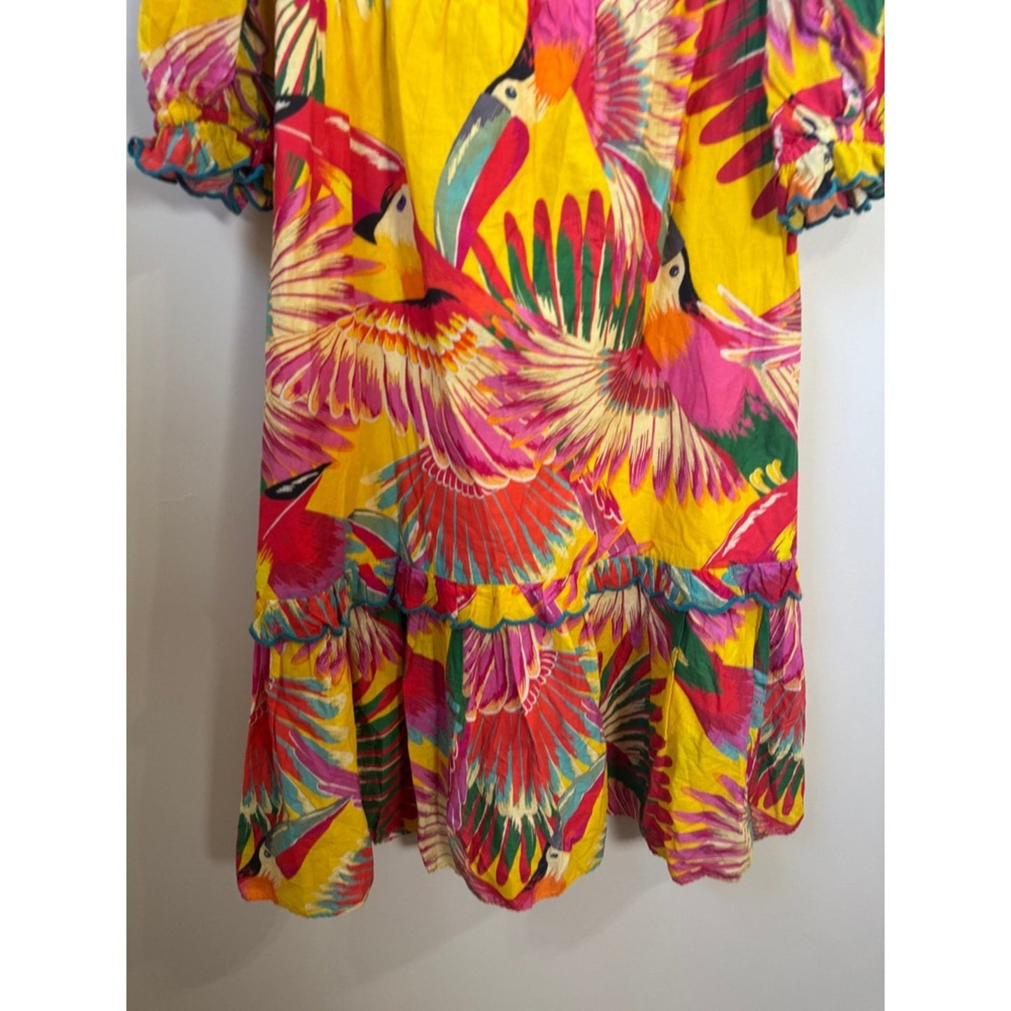 Farm Rio Yellow Tropical Toucan Print Puff Sleeve Ruffle Midi Dress Size L