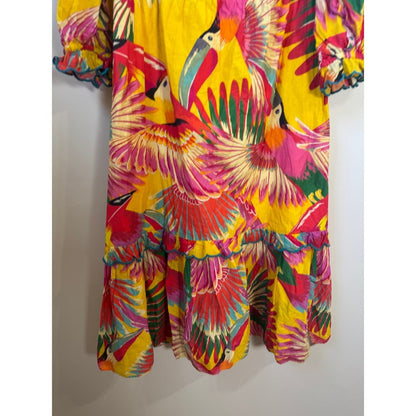 Farm Rio Yellow Tropical Toucan Print Puff Sleeve Ruffle Midi Dress Size L