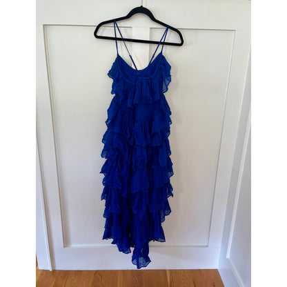 NEW NWT Anthropologie Tiered Ruffle High Low Midi Dress Royal Blue Size XS