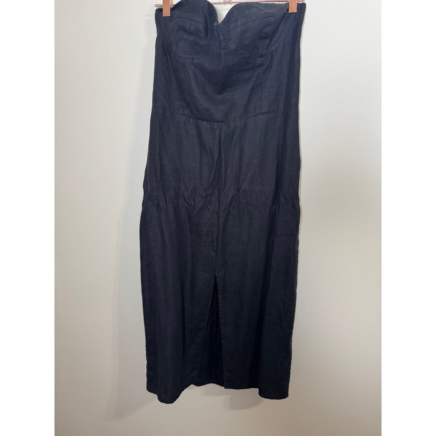 Reformation Black Linen Strapless Bustier Midi Dress with Front Slit