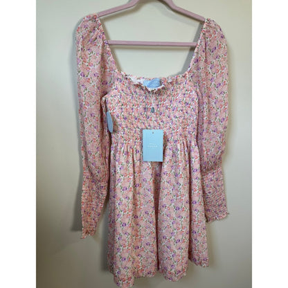 Hill House Home Grace Nap Dress Pink Purple Floral Smocked Long Sleeve Mini NEW