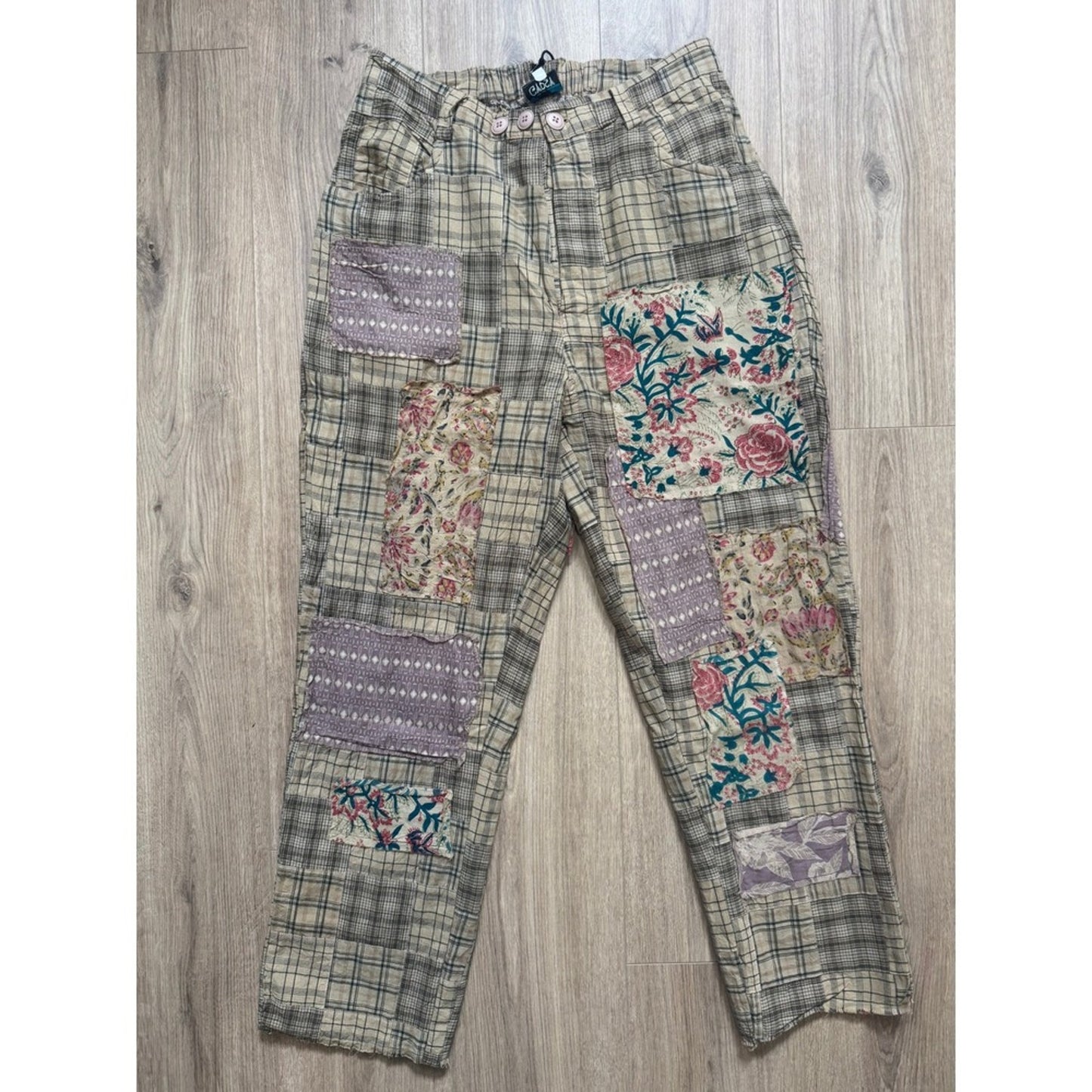 Jaded Gypsy Womens Boho Patchwork Plaid Floral Eyelet Pants Elastic Waist New