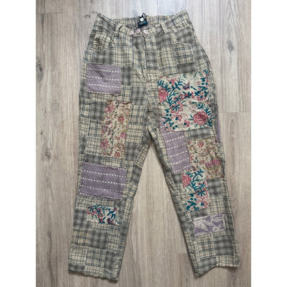 Jaded Gypsy Womens Boho Patchwork Plaid Floral Eyelet Pants Elastic Waist New