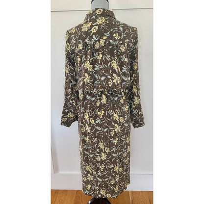 Club Monaco Midi Shirtdress in Brown Floral Medium Long Sleeve Button Front Silk