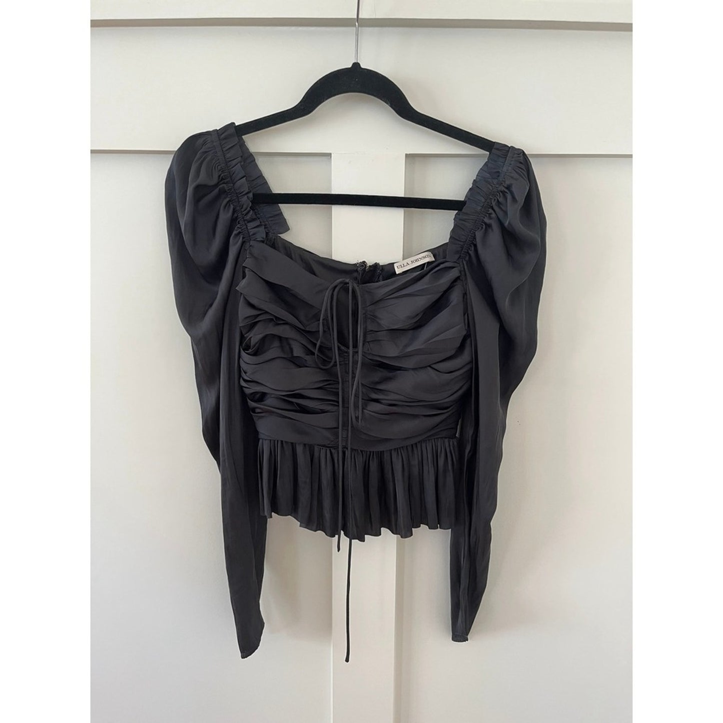 Ulla Johnson Black Ruched Puff Sleeve Square Neck Peplum Top Size 2