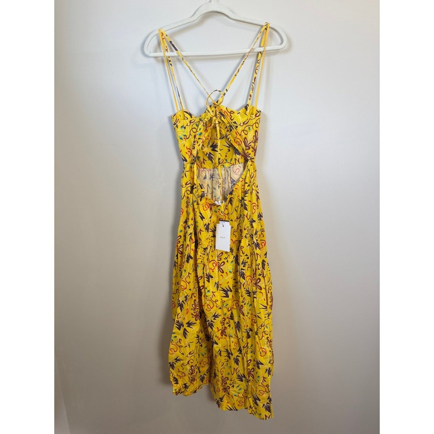 ALC Yellow Floral Ruched Tiered Open Back Midi Dress Womens