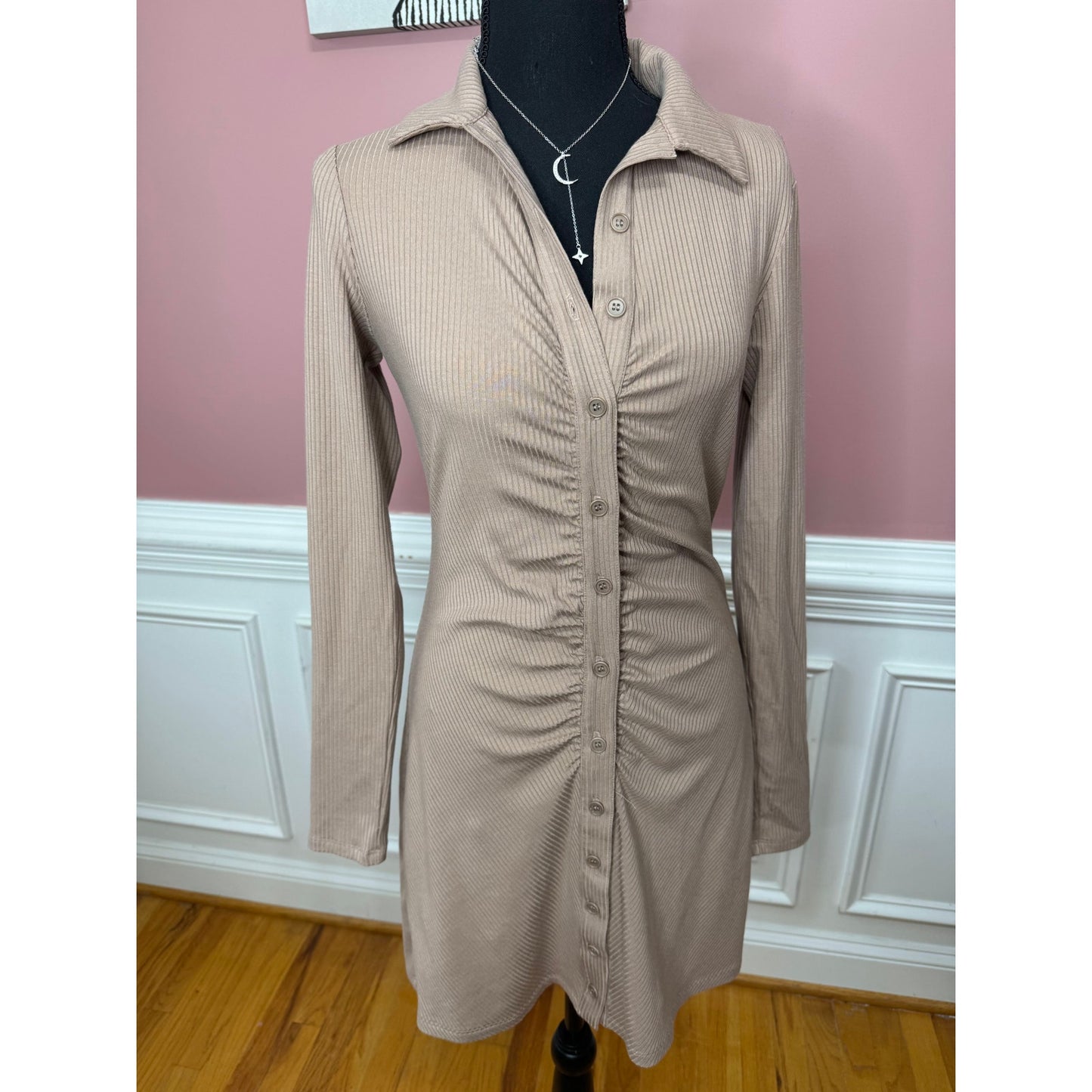 Reformation Mini Shirt Dress in Brown Medium Ribbed Long Sleeve Button-Up