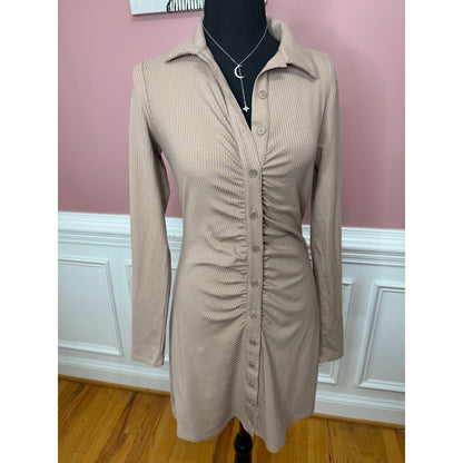 Reformation Mini Shirt Dress in Brown Medium Ribbed Long Sleeve Button-Up