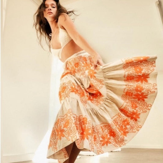 Maje Jin Embroidered Tiered Maxi Skirt Floral