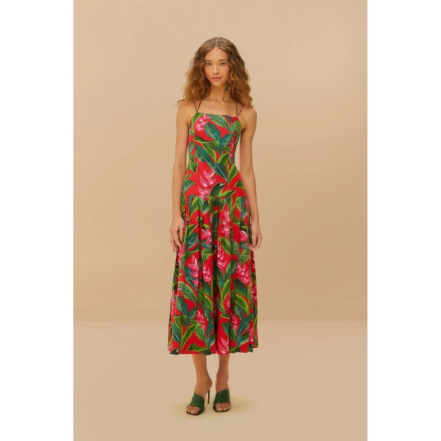 Farm Rio Tropical Maxi Dress Red Green Floral Spaghetti Strap Open Back XL