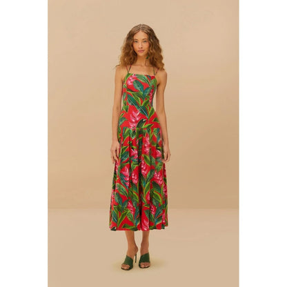 Farm Rio Tropical Maxi Dress Red Green Floral Spaghetti Strap Open Back XL