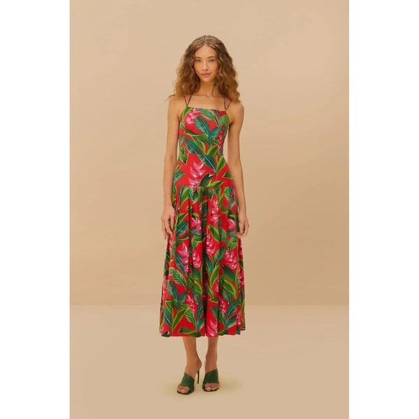 Farm Rio Tropical Maxi Dress Red Green Floral Spaghetti Strap Open Back XL
