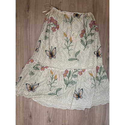 Jaded Gypsy Wild Flower Echo Skirt Embroidered Eyelet Lace Butterfly Midi OS