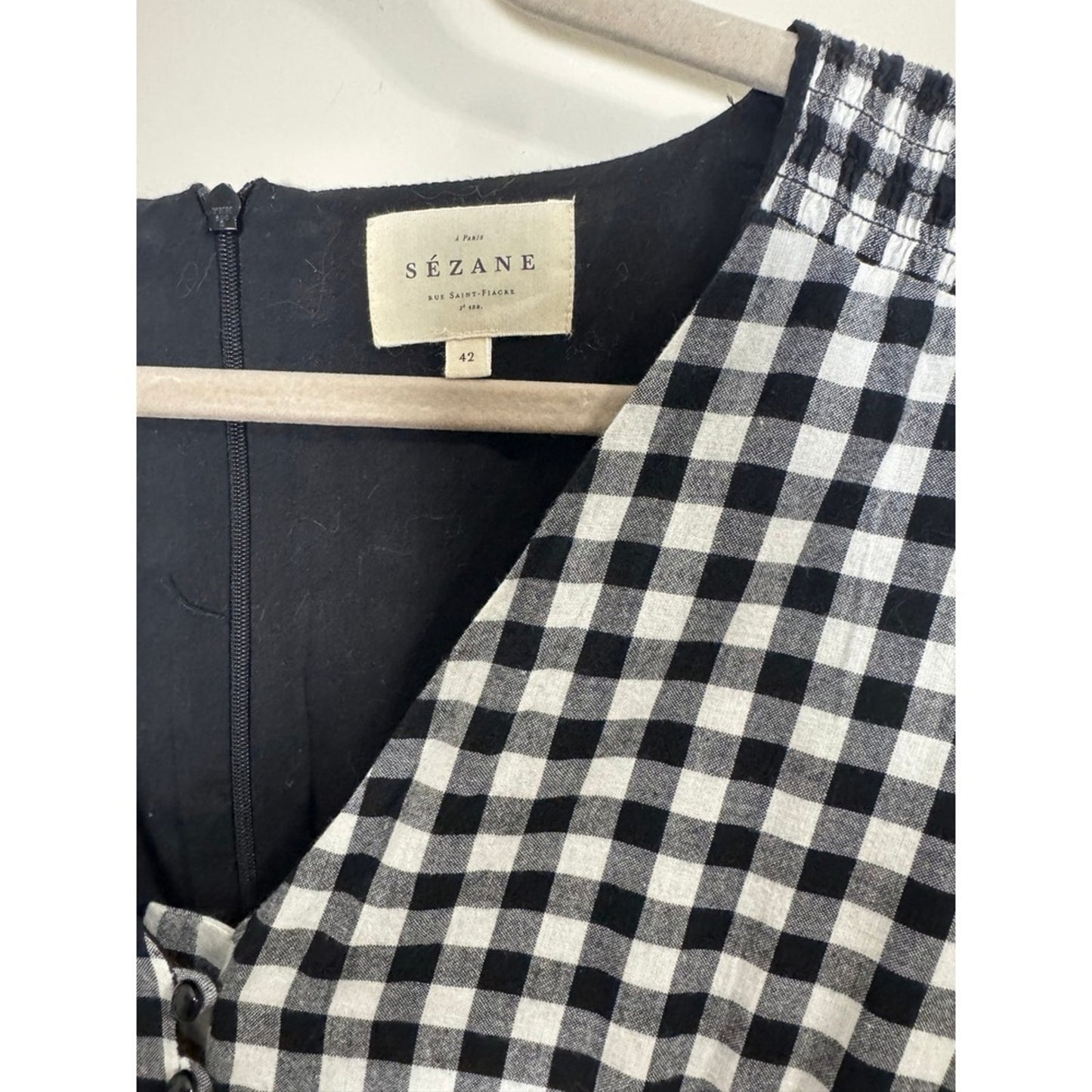 Sezane Black White Gingham Smocked Waist V-Neck Mini Dress Short Puff Sleeve 42