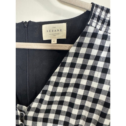Sezane Black White Gingham Smocked Waist V-Neck Mini Dress Short Puff Sleeve 42