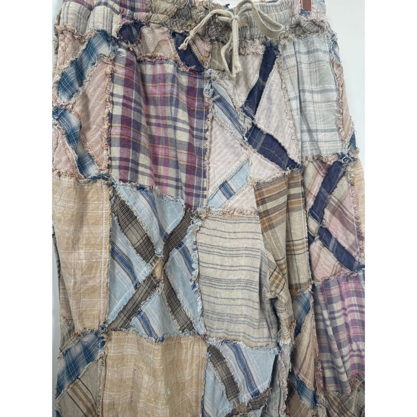 Jaded Gypsy Patchwork Plaid Pants Wide Leg Distressed Drawstring Boho l/xl