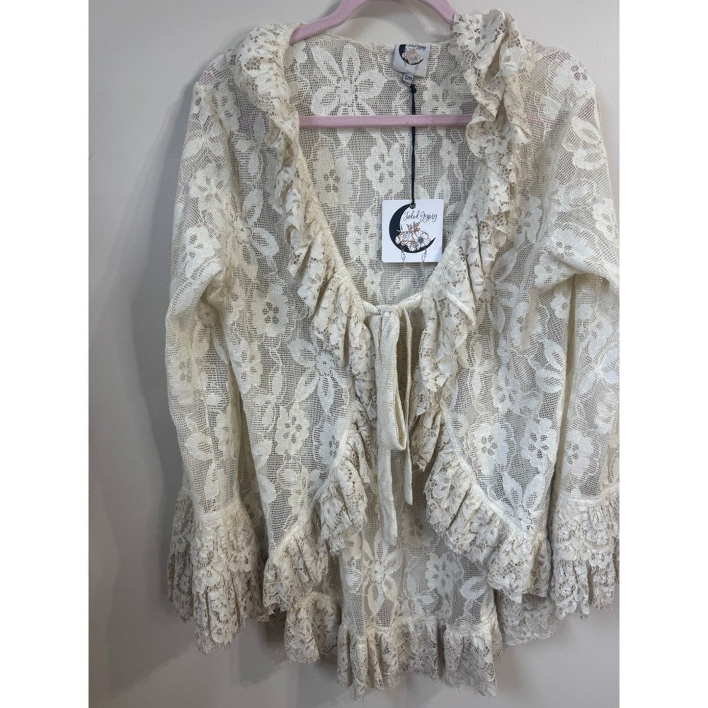 Jaded Gypsy Cream Floral Lace Ruffle Tie Front Cardigan Bohemian Romantic S/M