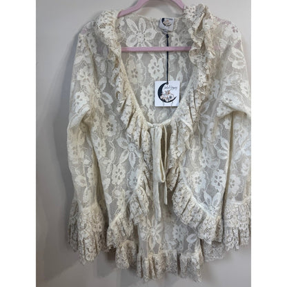Jaded Gypsy Cream Floral Lace Ruffle Tie Front Cardigan Bohemian Romantic S/M