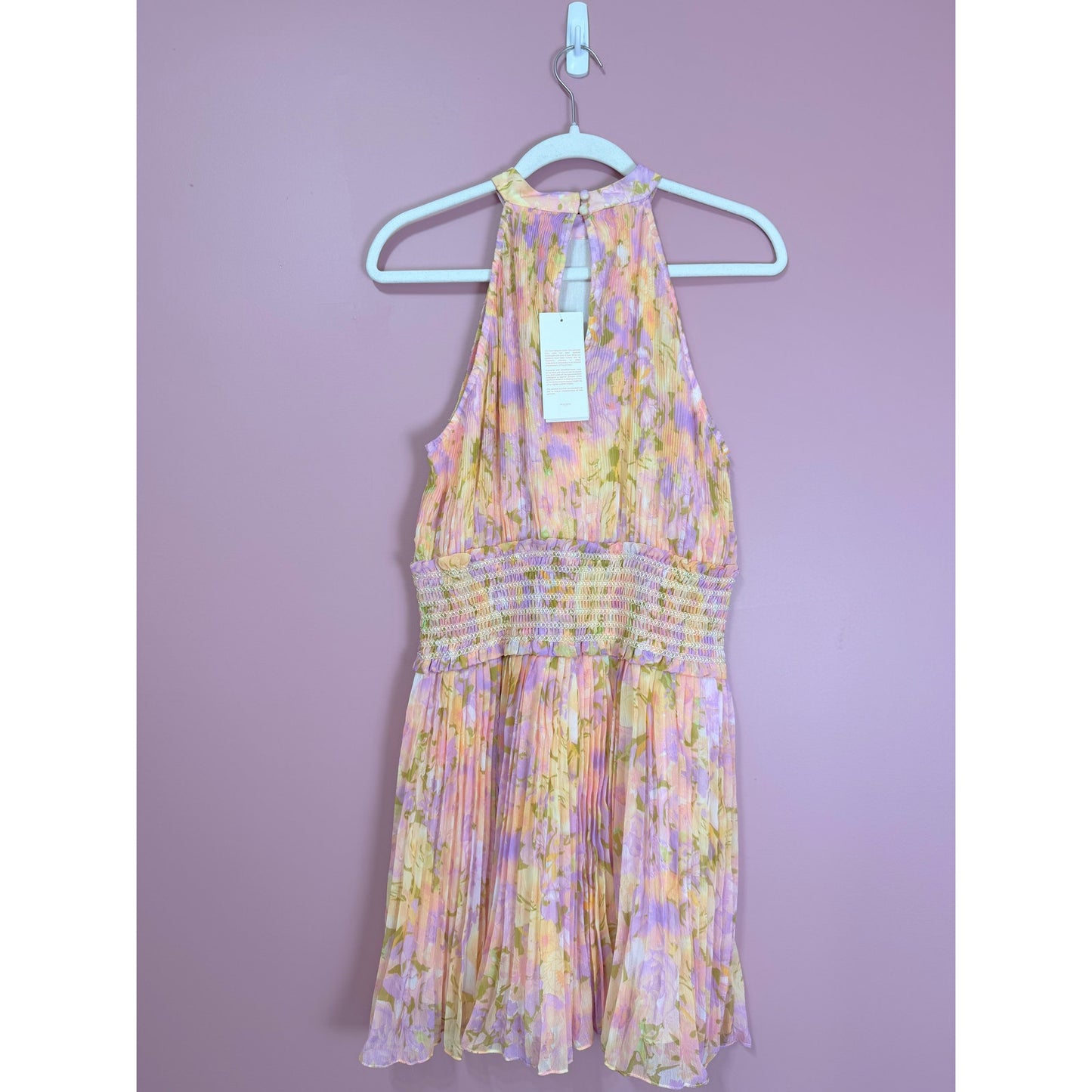 Rococo Sand Faye High Neck Floral Print Pleated Mini Dress Size Large