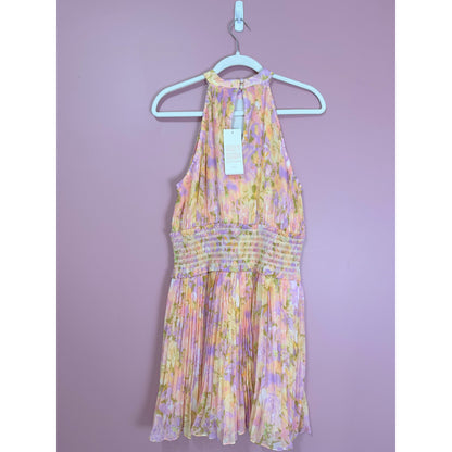 Rococo Sand Faye High Neck Floral Print Pleated Mini Dress Size Large