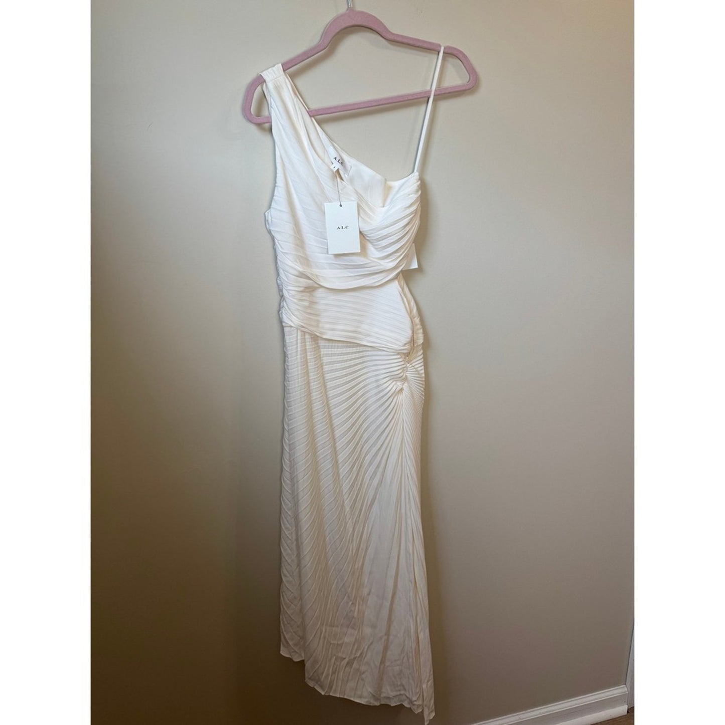 ALC Delfina One Shoulder Pleated Cutout Midi Dress Whisper White Size 8 NEW