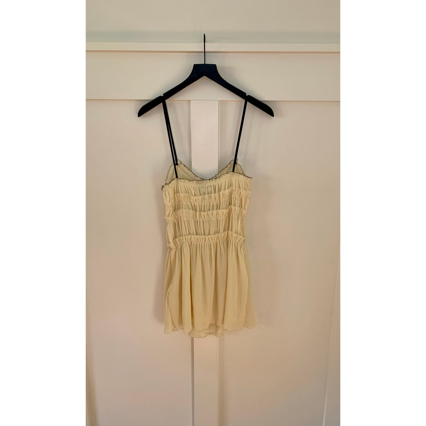 Zara Mini Dress in Cream Small Textured Tiered Tie Bow Sleeveless Ruched Summer