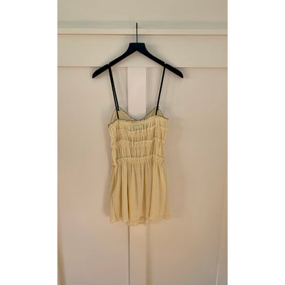 Zara Mini Dress in Cream Small Textured Tiered Tie Bow Sleeveless Ruched Summer