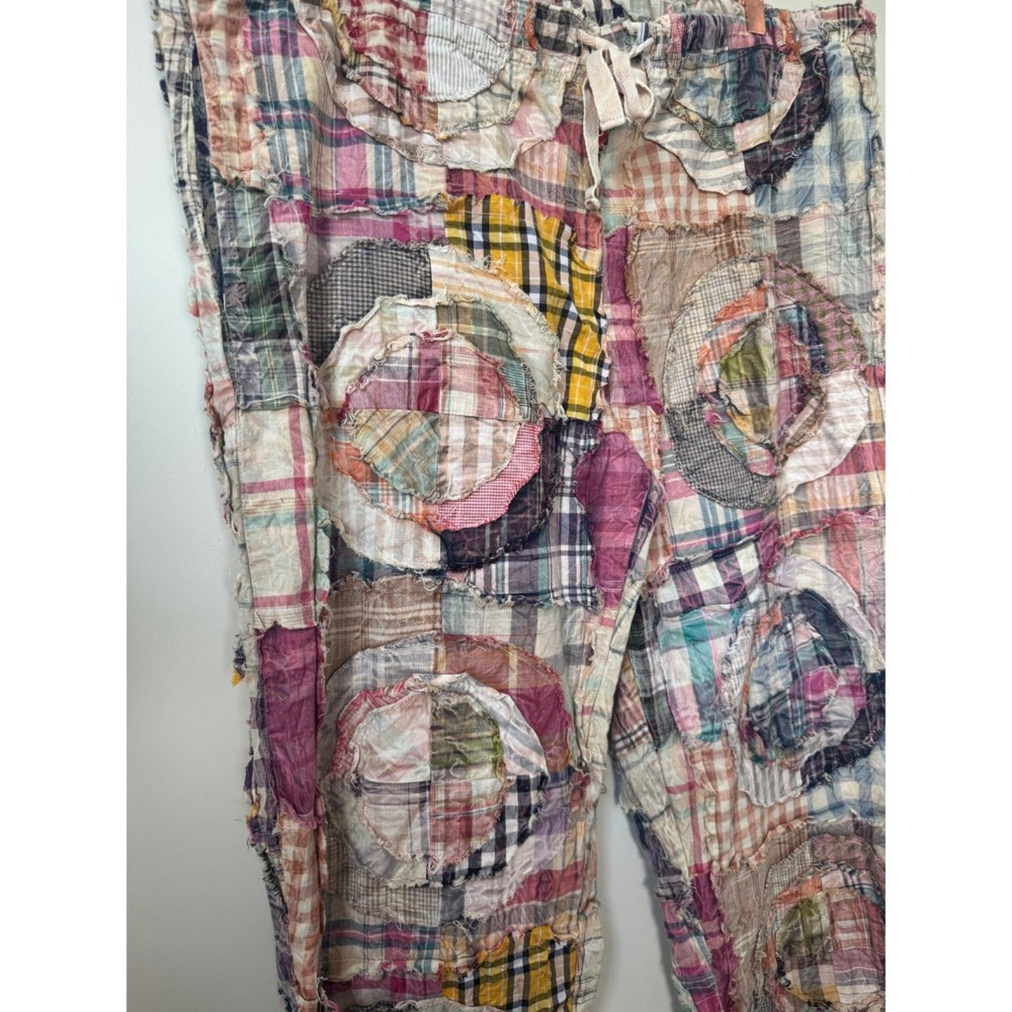 Jaded Gypsy Women Patchwork Plaid Boho Pants Straight Leg Drawstring