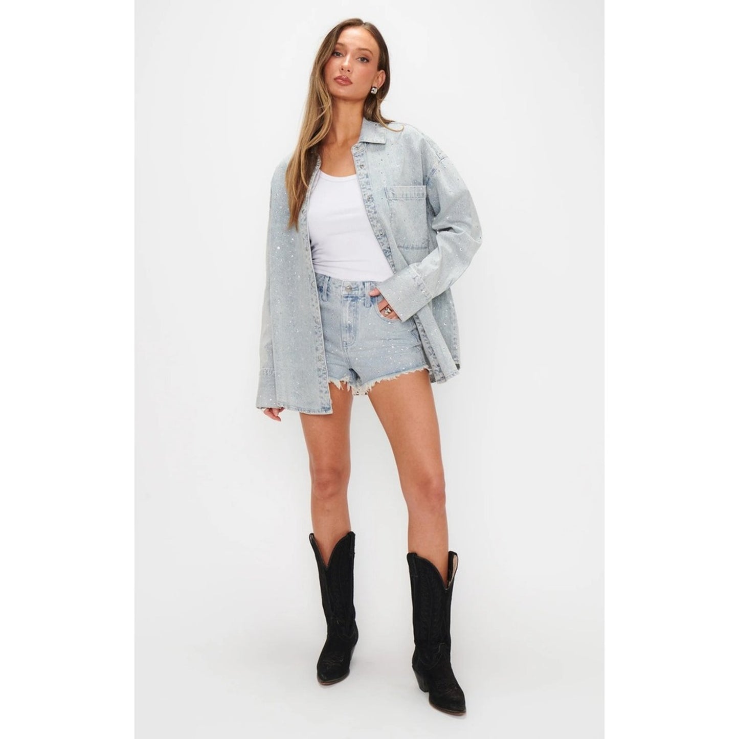 Show Me Your Mumu Rhinestone Denim Shirt Light Wash Crystal Shacket Womens Small
