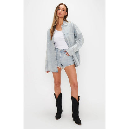 Show Me Your Mumu Rhinestone Denim Shirt Light Wash Crystal Shacket Womens Small