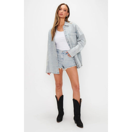 Show Me Your Mumu Rhinestone Denim Shirt Light Wash Crystal Shacket Womens Small