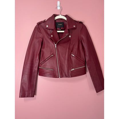 Maje Burgundy Lamb Leather Moto Jacket Size 36/Small