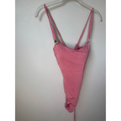 Pink Metallic Shimmer One Piece Swimsuit Lace Up Back Gold Shell Charms High Cut